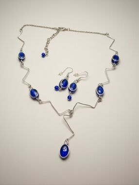 Silver Tone Blue Oval Glass Lapis Link Station Necklace w/ Matching Earrings